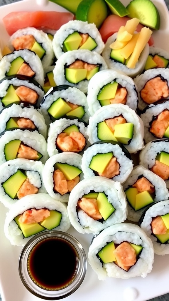 Sliced California roll sushi with avocado and crab, served with soy sauce and pickled ginger.